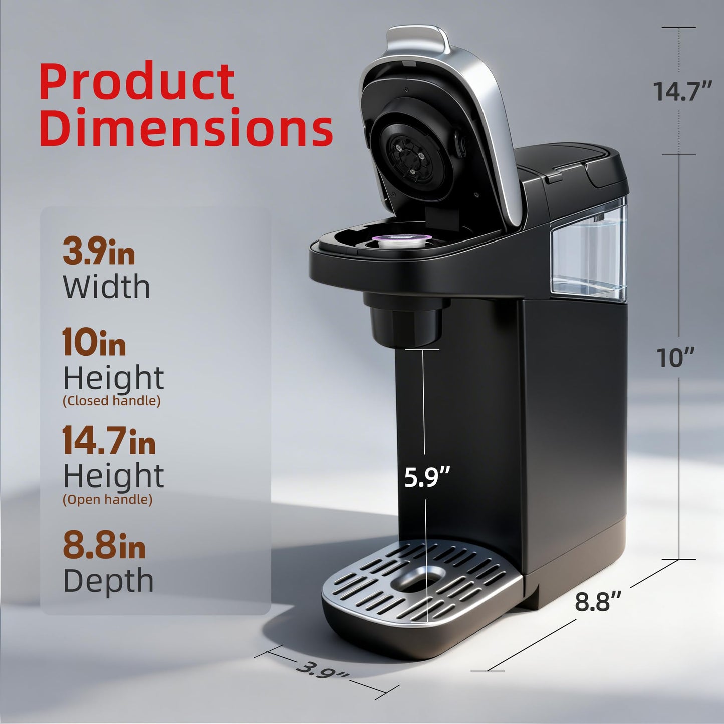 Greatogo Small Single Serve Coffee Maker for K Cup and Ground Coffee, Fast Brew One Cup Coffee, 6 to 12 oz. Brew Sizes, Machine with Descaling Reminder and Water Window, Black