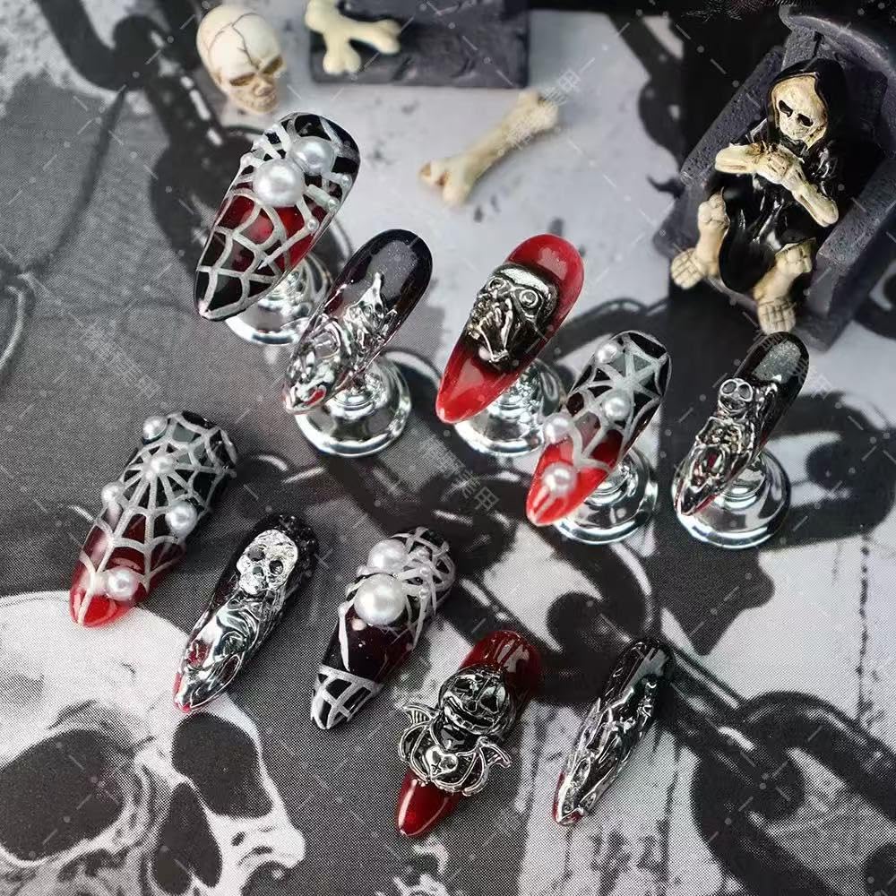 Halloween Press on Nails 100% Handmade Nail Press Ons Medium Almond Fake Nails with Spider Skeleton Silver Charms Design Ombre Red Black Halloween Nail for Women Girls Manicure Size M