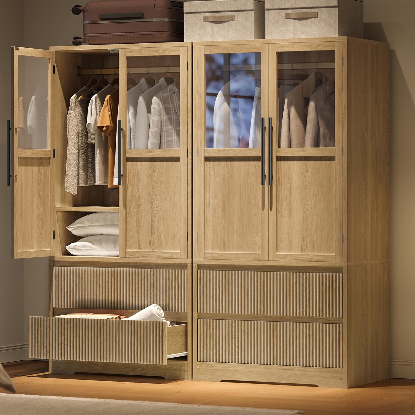 GarveeHome Armoire Wardrobe Closet with 2 Glass Doors & 2 Fluted Drawers, Wooden Wardrobe Storage Cabinet Closet w/Hanging Rod & Shelves, Large Capacity, Freestanding for Bedroom, Clothes, Natural