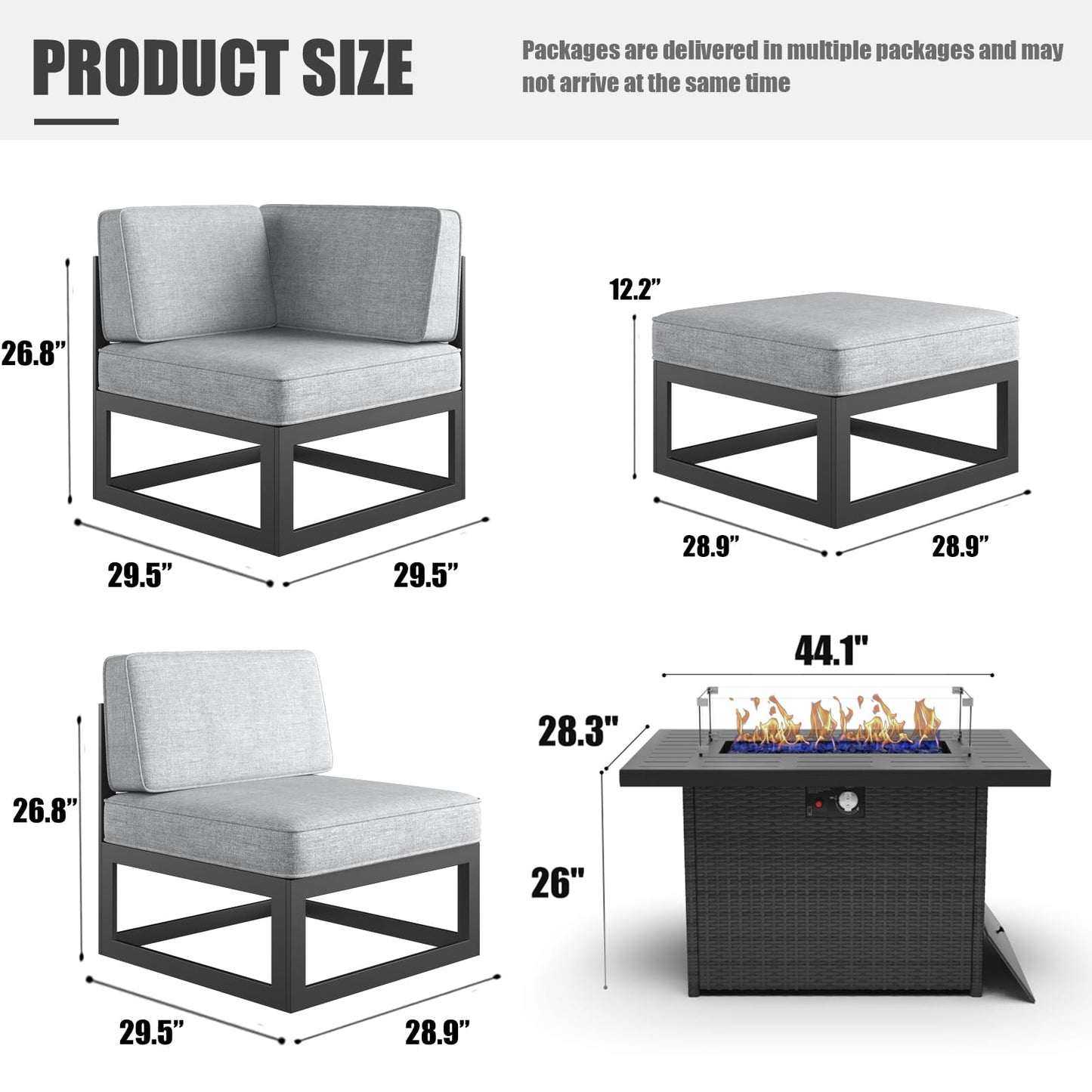 LayinSun Large Aluminum Patio Furniture Set with Fire Pit Table, 11 Pieces Modern Outdoor Conversation Set Sectional Metal Sofa Set with Olefin Cushion
