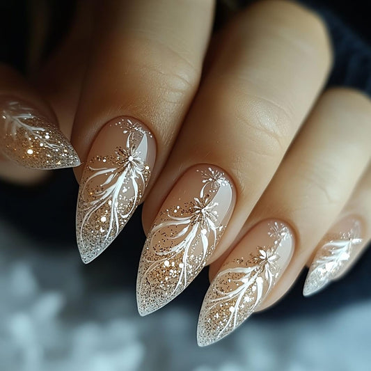 CJDLTS Press on Nails Medium Almond Shaped Flower False Nails Glitter Powder Design Full Cover Nude Stick on Nail Artificial Acrylic Press Ons French Tip Glue on Nail for Women Manicure Art 24Pcs