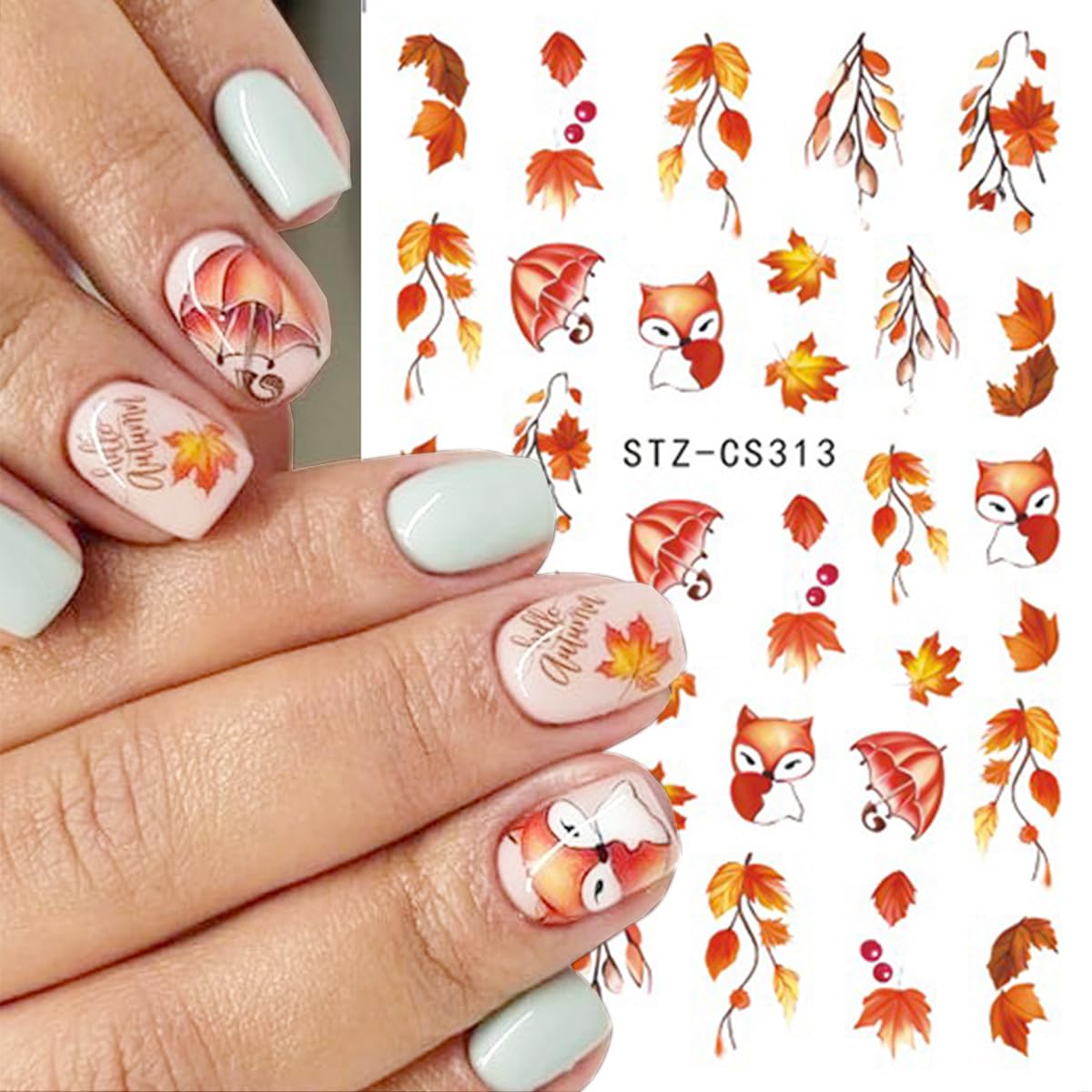 6 Sheets Fall Nail Art Stickers Thanksgiving Day Nails Decals 3D Self Adhesive Maple Leaf Nail Stickers Cute Fox Pumpkin Maple Leaves Design Fall Nails Supplies for Women Autumn DIY Manicure Decor