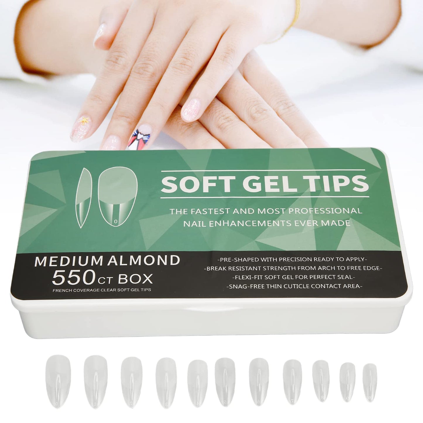 550 Tablets Long Clear Nails Ultra Thin Clear Stiletto Fake Nails Set, Long, Full Cover, Almond Shaped with Rhinestones Designs for Wedding, Dating, Party Acrylic Nail Tips Kit
