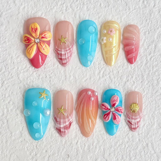 10PCS Handmade Press on Nails Almond Fake Nails Colorful French Tip Press ones Summer 3d Fasle Nails Tendy Unique Acrylic Nails Gel Glue on Nails for Women (S Size)