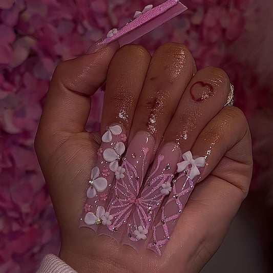 FIEONCIY Press on Nails Coffin Long Length Acrylic Glossy Full Cover Square Shaped French False Nails with Designs Artificial Extra Long Fake Nails with Charms Glue ons Fingernails for Women(CC31)