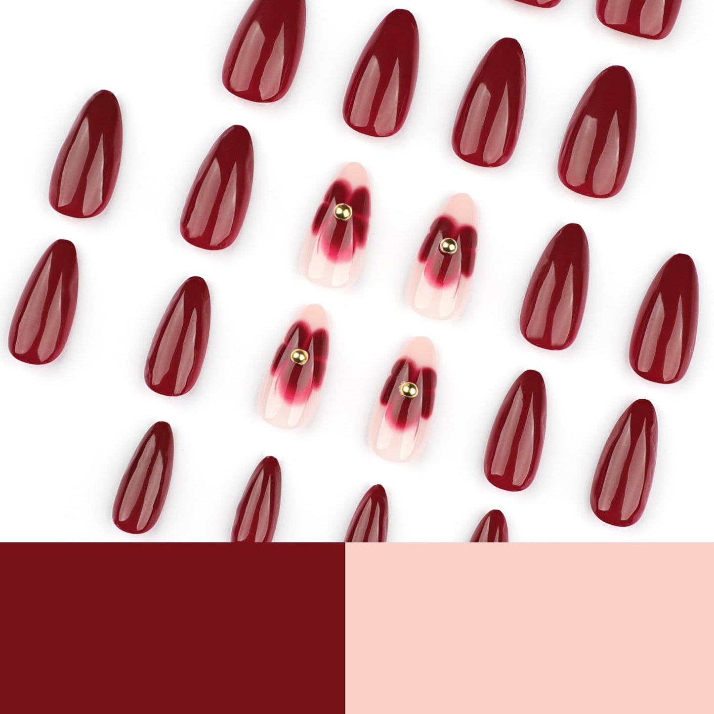 24Pcs Dark Red Press on Nails Medium Almond Fake Nails Floral with Golden Pearls Design Reusable False Nails Kit Red Five-Petal Flower Full Cover Artificial Stick on Nails for Women Girls Manicure