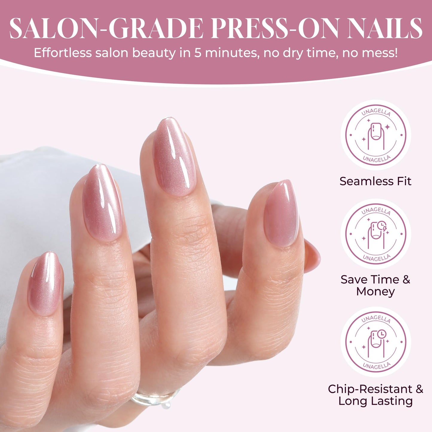 UNA GELLA Cat Eye Press On Nails: Almond Soft Gel Press Ons Short Kit with Nail Tips Glue on Nails, 16 Sizes - 32 Reusable Chrome Fake Nails Kit, Pink Rose