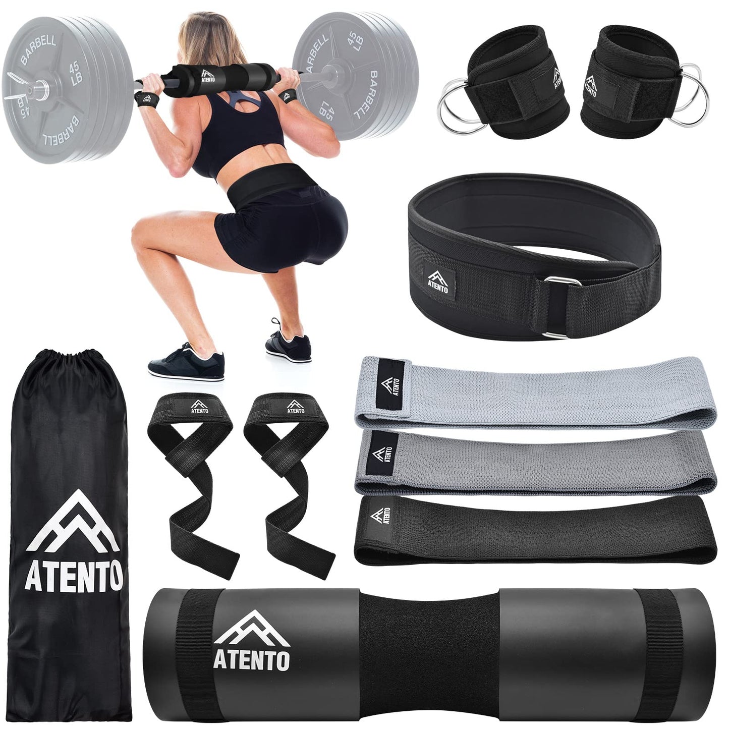 ATENTO 10 Pcs Barbell Pad Set, Hip Thrust Pad for Bench Press, Lunges, Workout, Leg Exercise, Squat Bar Pad (Black)