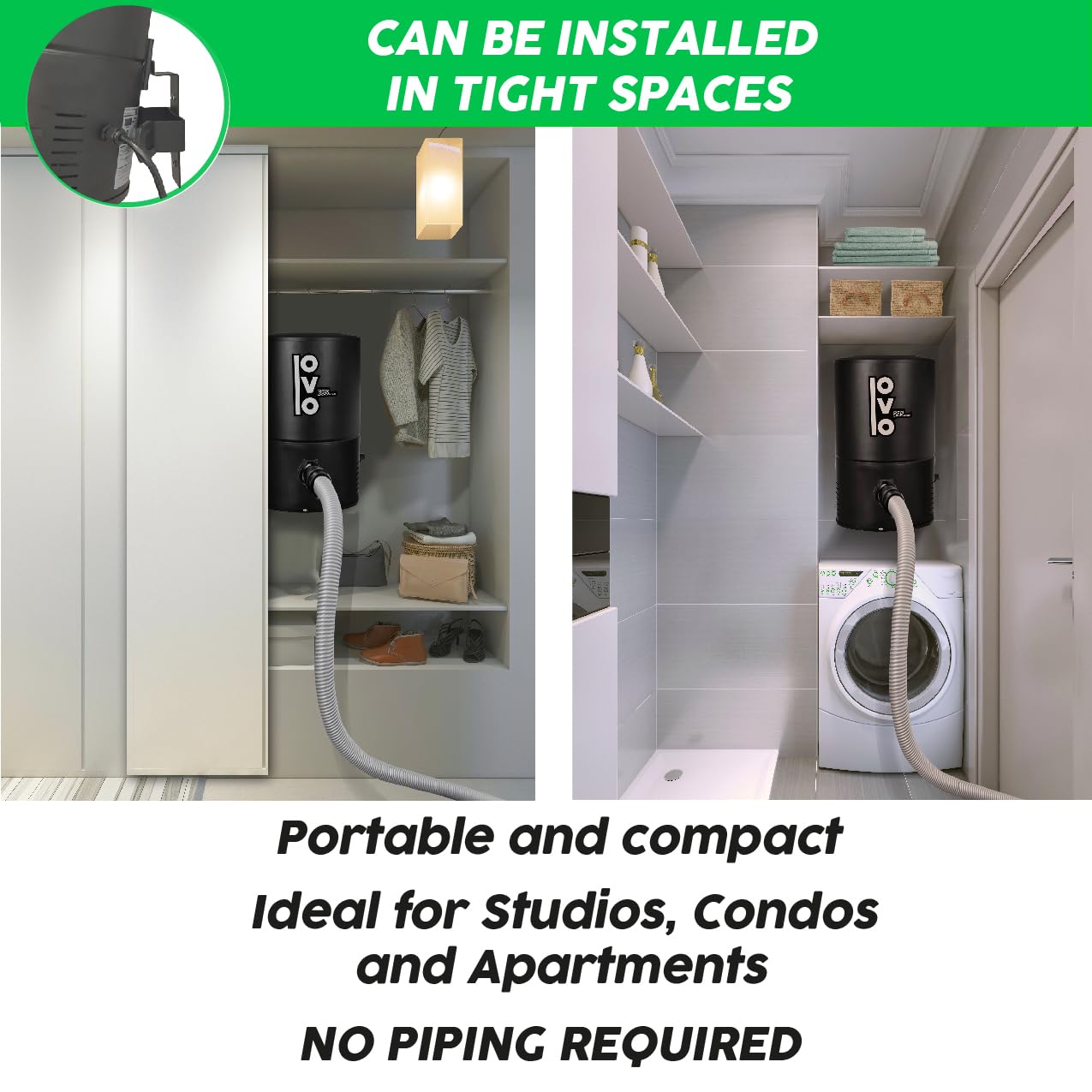 OVO Wall Mounted House Vacuum Cleaner, fits in Closet and Tight Spaces, 595 Airwatts, Use with Disposable Filtration Bags, 18L / 4.75 gal, Certified for North America with 40 ft Deluxe Accessory kit