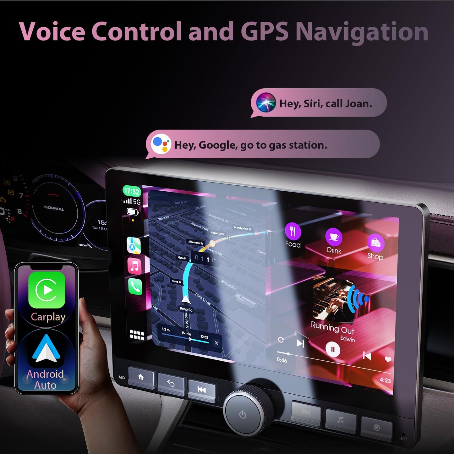 Haudio 10.1" 360° Rotatable Touchscreen Car Stereo with Wireless Apple CarPlay & Android Auto, Features GPS Navigation, DSP Hi-Fi Sound, Voice Control, Backup Camera,1080P Support & APK Management