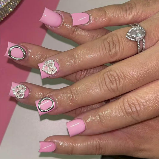 octoswave Press on Nails Square Short Fake Nails Pink Artificial Nail Sparkly Heart Charm Stick on Nail for Women 24pcs