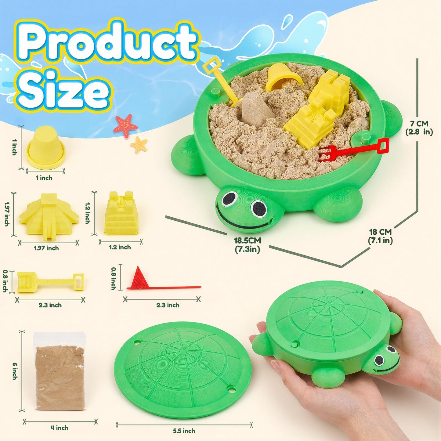 Aodomis 7.1 in Desktop Turtle Sandbox with Lid -17Pcs MINI Desk Zen Garden Kit with Varied Molds, Tools & Sand, Mini Zen Garden for Desk, Stress Relief Desk Toys Gifts for Office for Adults (Turtle)