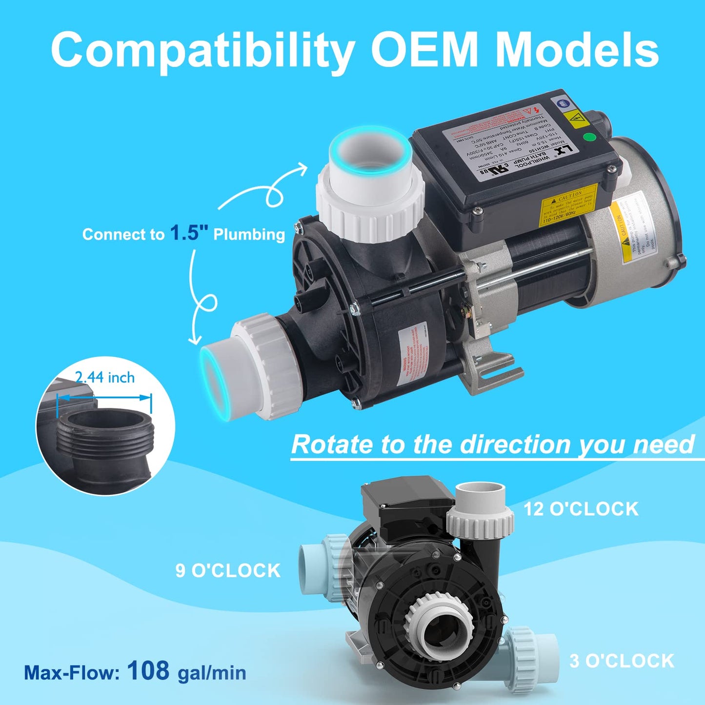 LINGXIAO 1.5HP Bath Pump & Hot Tub Bath Pump - LX Pump Motor 110V - 120V, 1.5" Port, Compatible with OEM models - (Model: WCH150)
