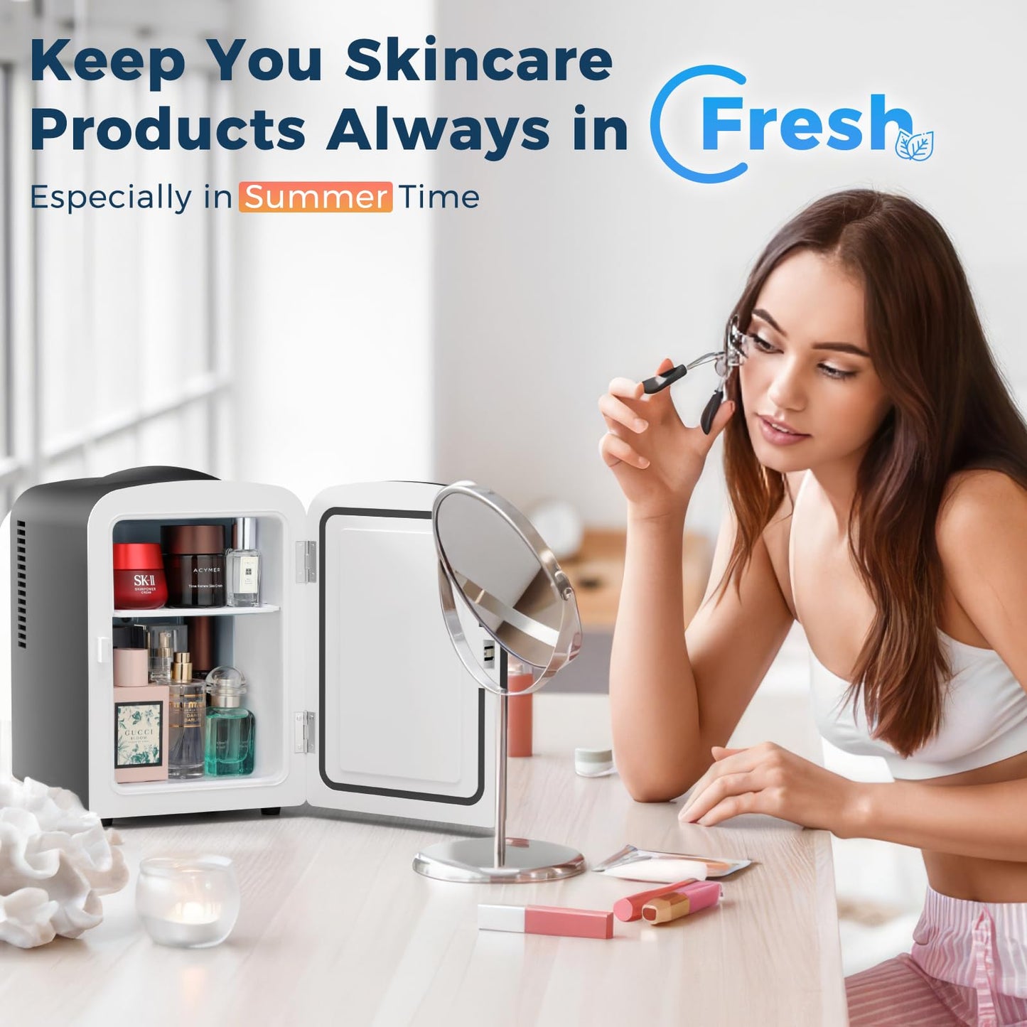 Antarctic Star Compact Refrigerator, Portable Mini Fridge, Skin Care 4L Capacity/6 Cans, for Bedroom, Car, Office & Dorm, Small Cooler for Cosmetics, Beverage and Food, Black