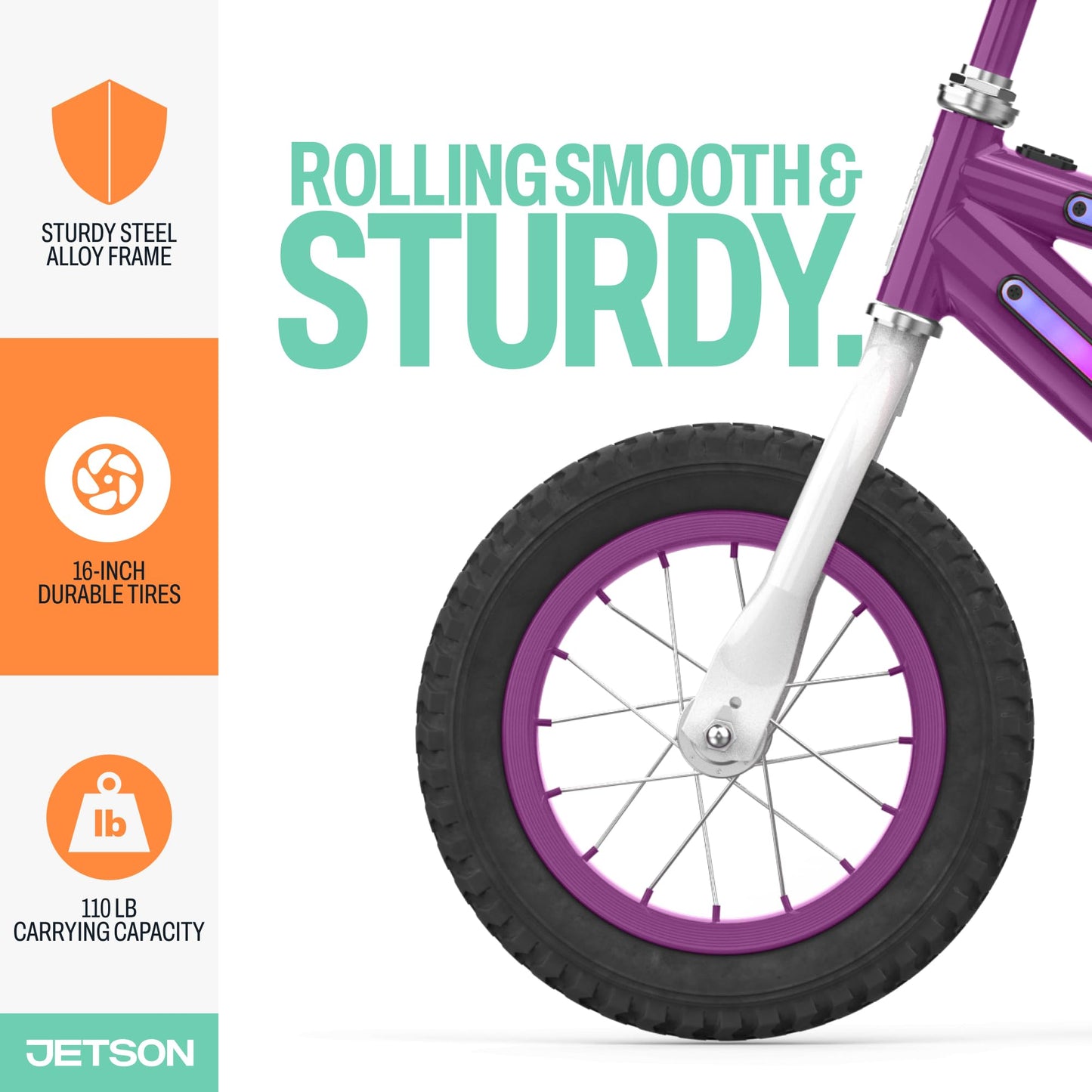 Jetson Light Rider Kids’ Light-up Unisex Bike, LED Light-up Frame, 3 Different Light Modes, Adjustable Seat Height, 12" Rubber Tires, Kinetic Light-Up Training Wheels, Purple, JLRG12-PUR