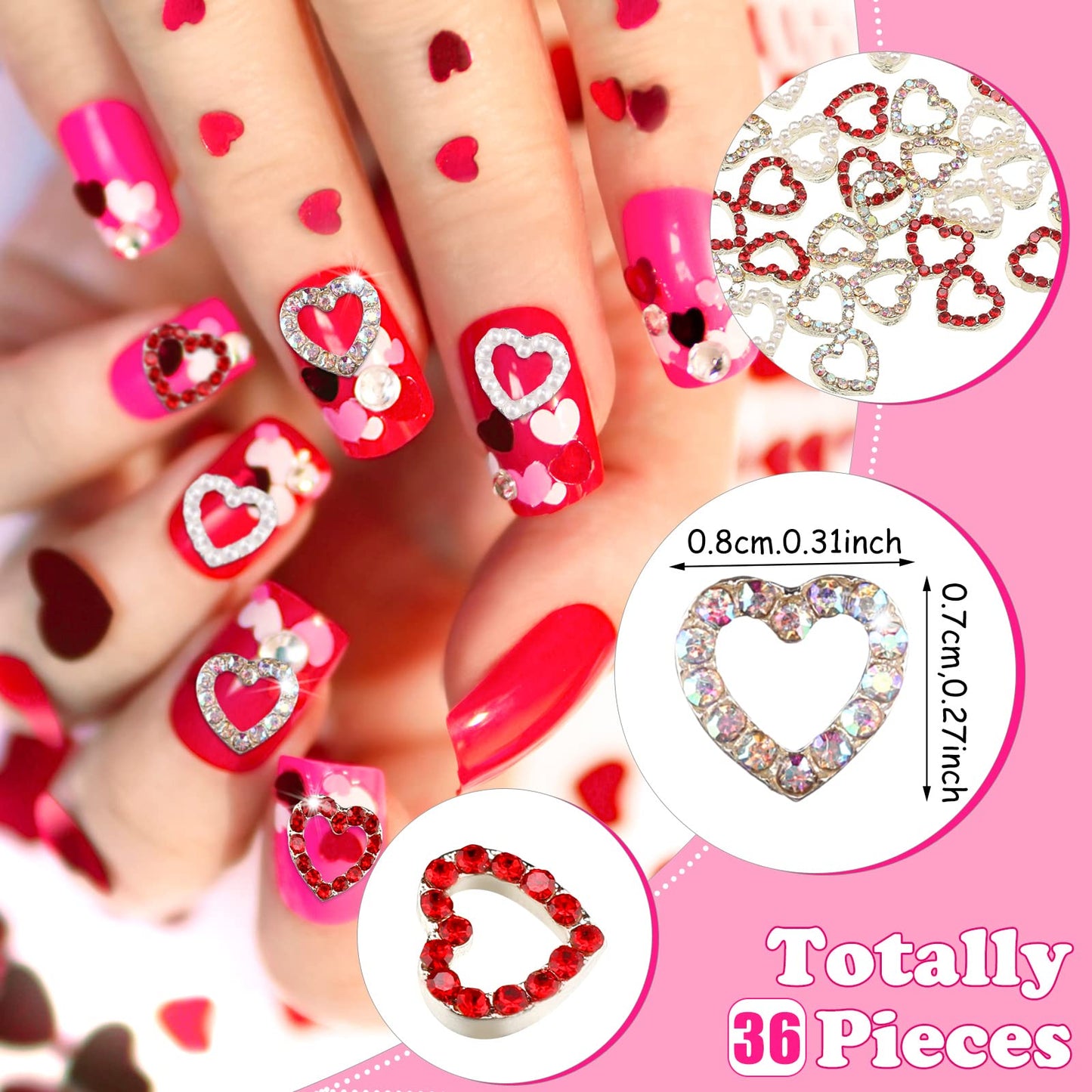 Leelosp 36 Pieces 3D Heart Nail Charms, Alloy Love Heart Nail Gems with Inlaid Rhinestone Pearls for Women Fingernail Art Decorations Christmas Valentine's Day DIY Crafting Design