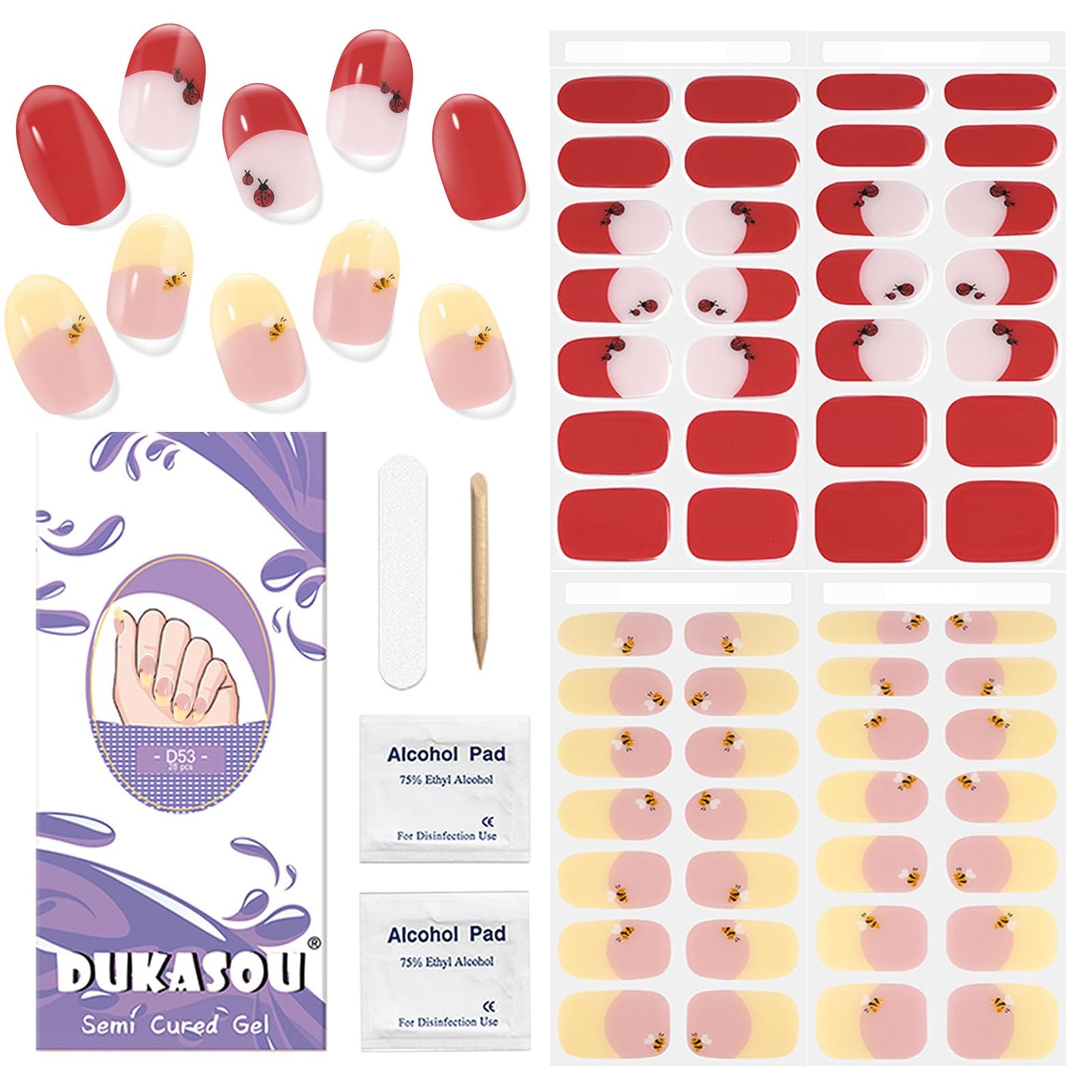 DUKASOU Semi Cured Gel Nail Strips, 56Pcs French Tip Nail Art Stickers/Wraps, Long Lasting UV Nail Polish Strips for Adults(French Tip Red Beetle+Yellow Bee)