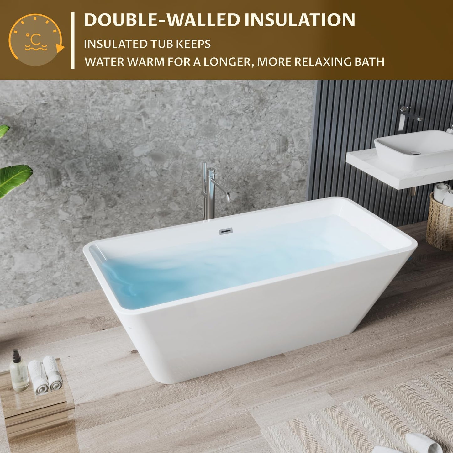 66 Inch Freestanding Bathtub, Acrylic Deep Soak Tub, Glossy White, Easy Install with Overflow & Drain