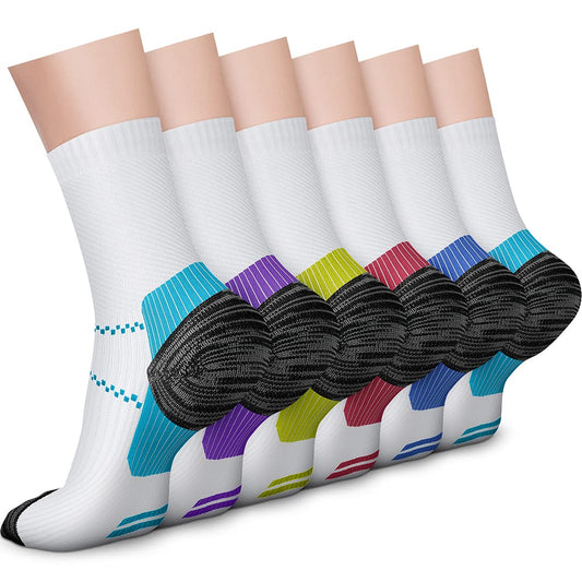 CHARMKING 6 Pairs Crew Compression Socks for Women & Men Circulation 15-20 mmHg is Best for All Day Wear Running Nurse (L/XL, White Multicolor)