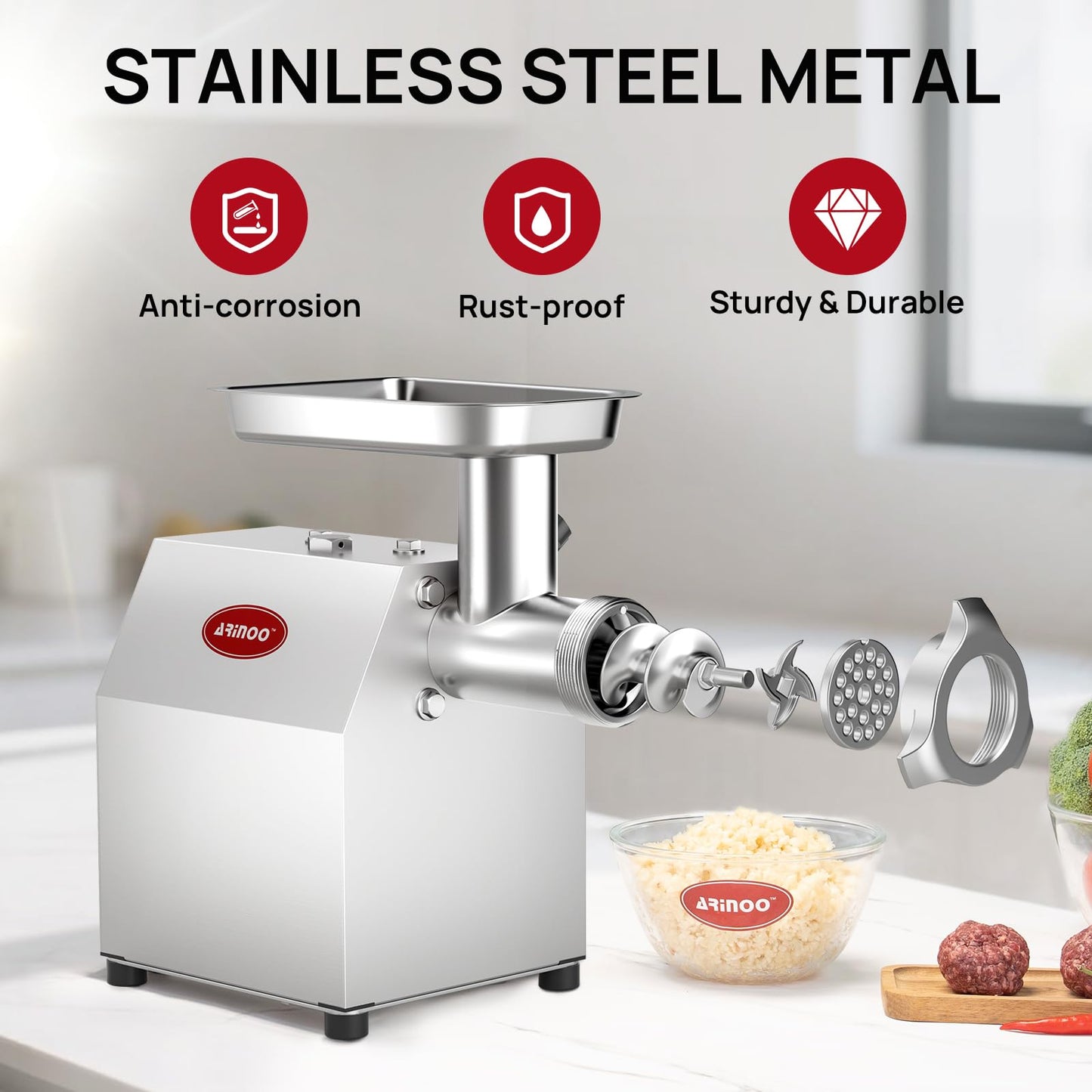 ARINOO Electric Meat Grinder #8, 0.5HP Heavy Duty Industrial Stainless Steel Meat Mincer, Sausage Stuffer with 2 Blades, 2 Plates & 3 Sausage Tubes, Meat Grinder Machine for Home Use Butchering