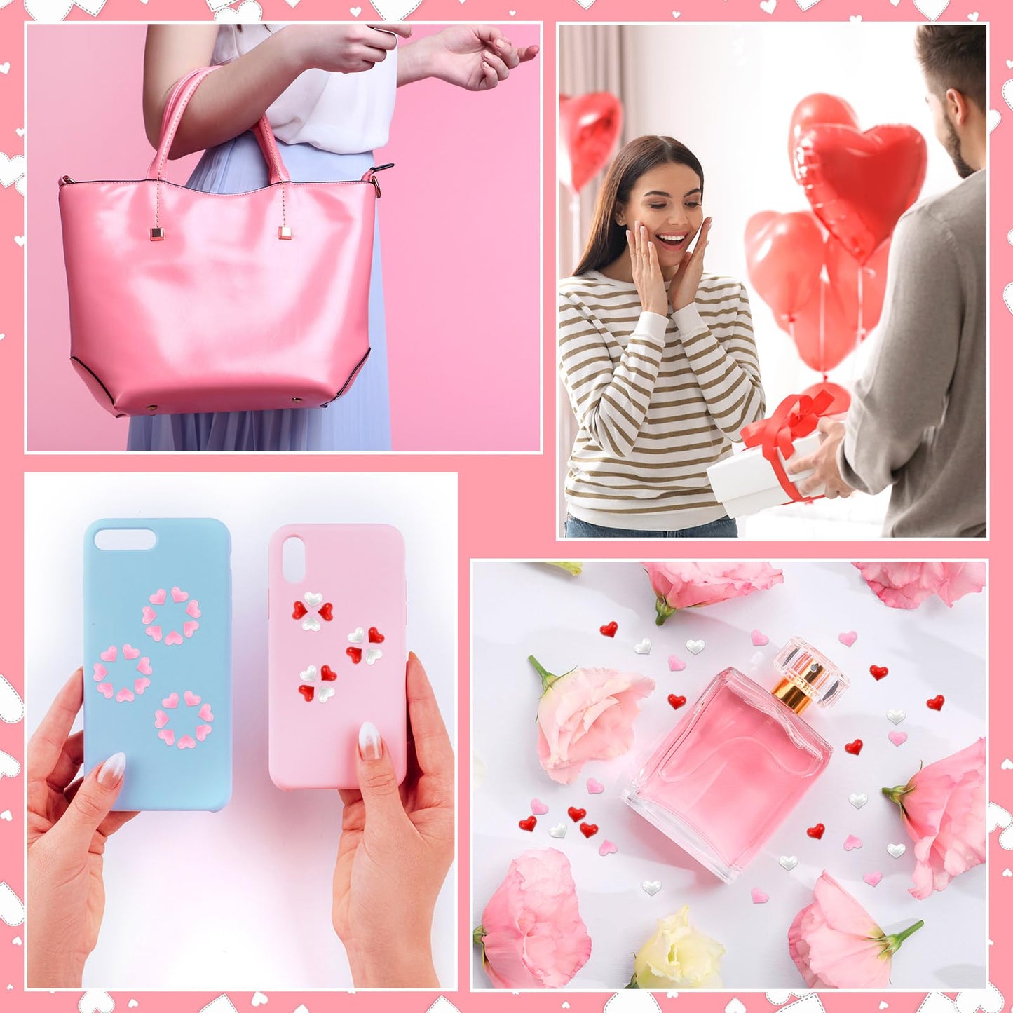 600pcs Valentine Heart Nail Charms and Gems Mini Pink Heart Charms for Nail Red White 3D Resin Rhinestones Love Accessories Half Cover Cute Supplies for Galentines Day Women DIY Decor