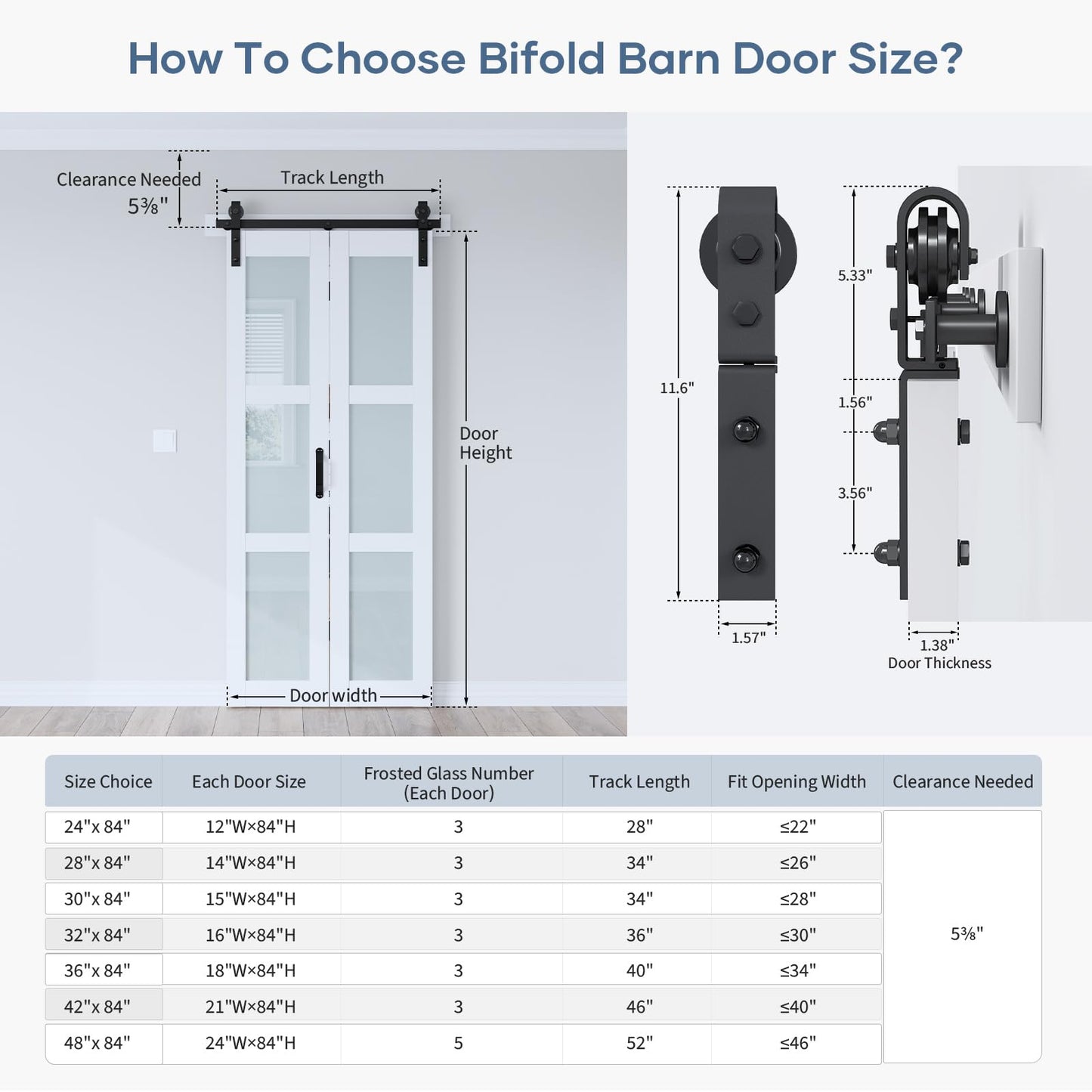 EaseLife 36"x 84" (Double 18" x 84") Bifold Barn Door, Bifold Sliding Barn Door with Hardware Kit, Solid MDF Wood Slab Covered with Water-Proof PVC Surface, Frosted Glass Panel, Assembly Required