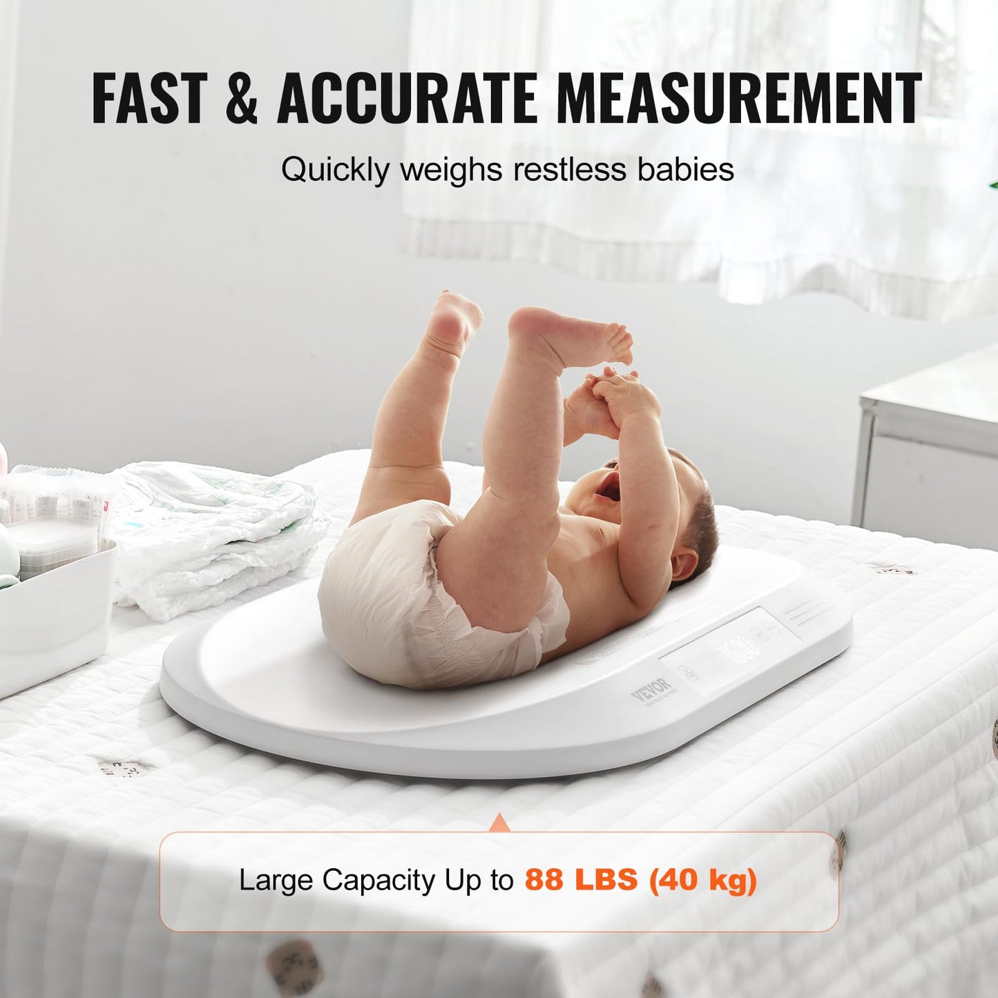VEVOR Baby Scale, Digital Infant Scale with Measuring Tape, Multi-Function Toddler Scale for Weight and Height Track - with Hold & Tare Function, 5 Units for Babies, Toddlers, Pets, 88LBS Capacity