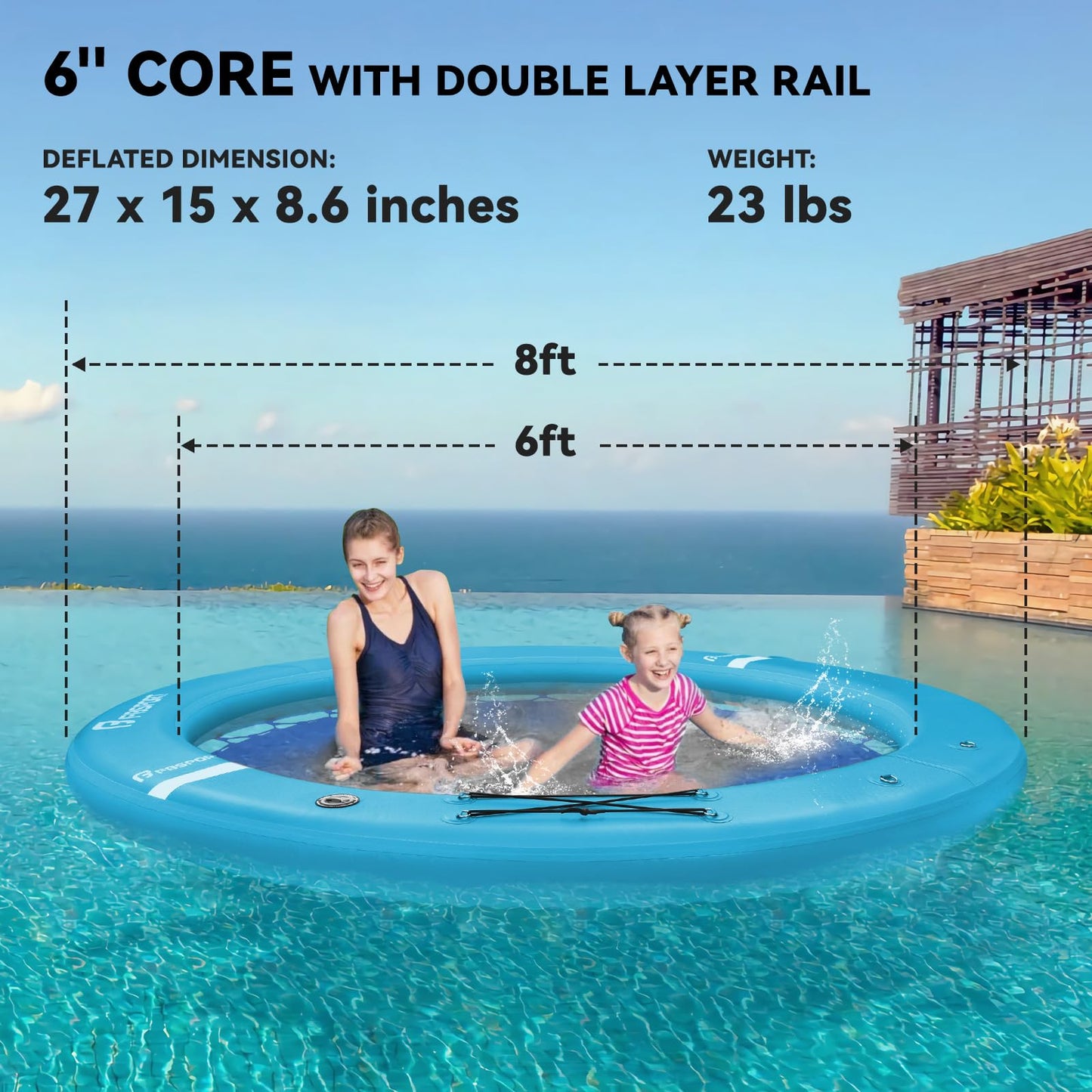 FBSPORT Inflatable Water Hammock Round Floating Ring, 8ft Inflatable Dock Floating Platform for Lake W/Cupholder, Sun Float Chill Raft Float Ring Tanning Pool Lounger Island Platform Pad, Blue