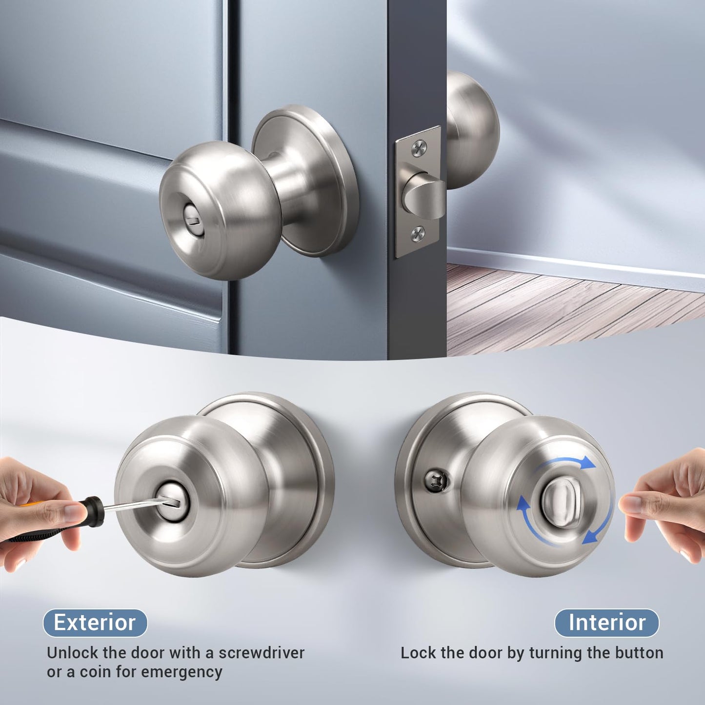 KNOBWELL 8 Pack Privacy Door Knob with Lock in Brushed Nickel Finish for Bedroom and Bathroom, Indoor Security Door Handle with Privacy Lock, Satin Nickel Interior Door Knobs
