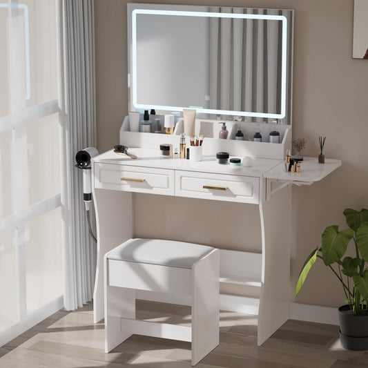 homesflex HMVD01-TES Modern White Makeup Vanity Desk with Adjustable Lights, Mirror, and Storage - Complete Vanity Set with Drawers, Shelves, and Stool