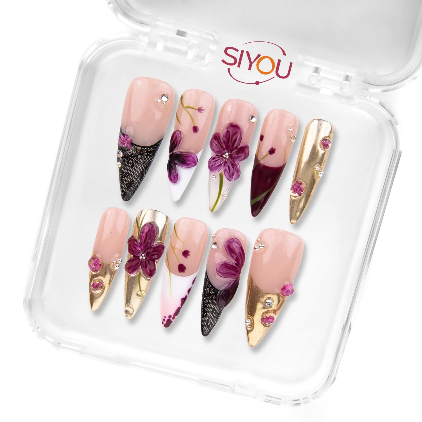 SIYOU Beauty | Classic Gold Bloom | Pink, Purple, and Gold Floral Medium Stiletto Press On Nails for Women (Medium) - Reusable, Salon-Quality Fake Nails (10pc)