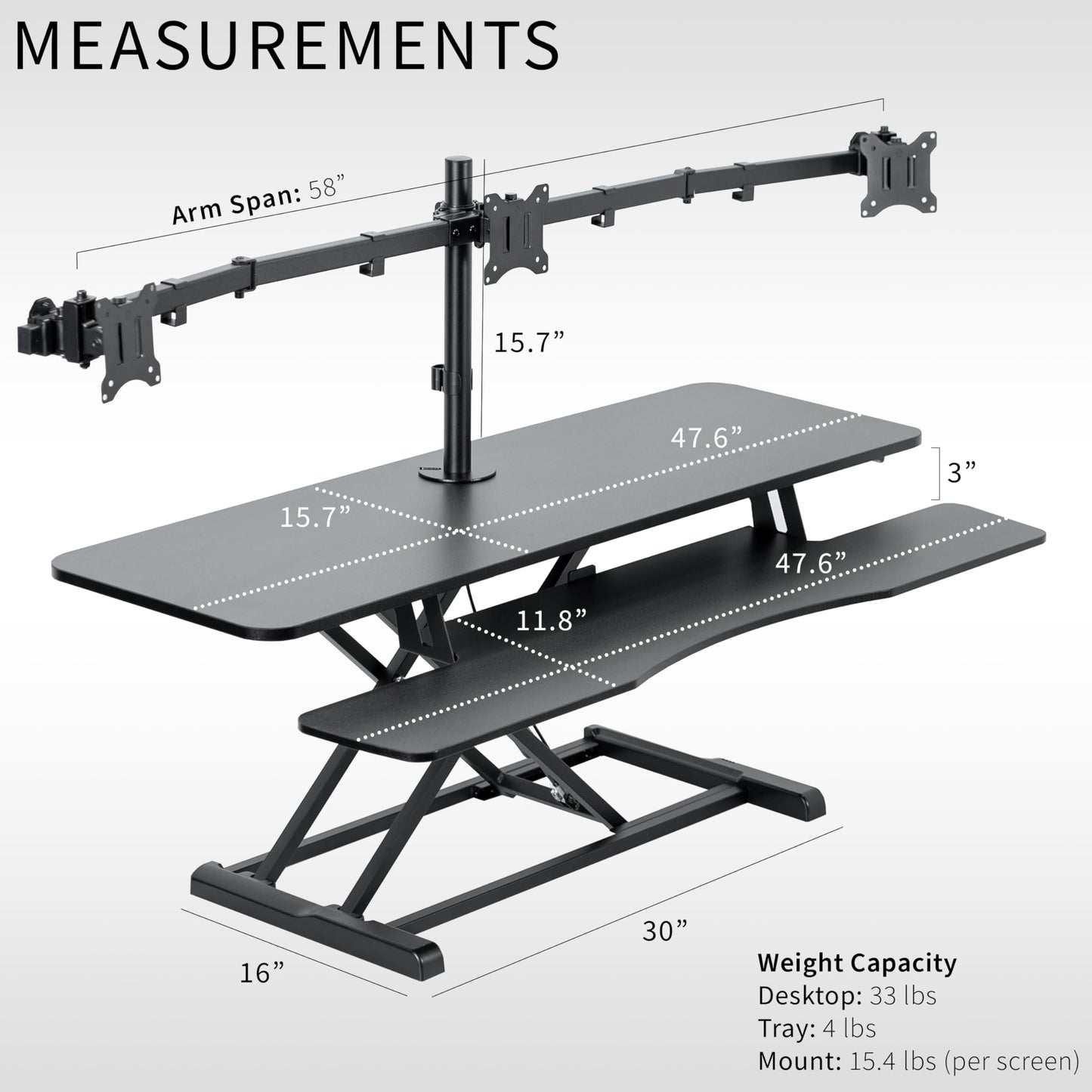 VIVO Height Adjustable 48 inch Standing Desk Converter with Triple 21.5 to 27 inch Monitor Mount, Extra Large Desk Riser, Black, DESK-KIT-48KB3C