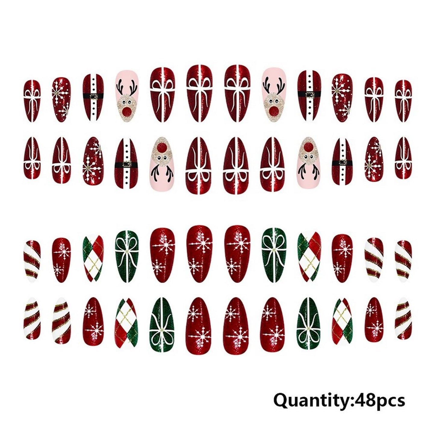 Christmas Press on Nails Kit 48 Pcs Medium Almond Fake Nails 2 Style False Nails with Bow Snowflake Reindeer Glitter Designs Glossy Glue on Nail Winter Acrylic Nails for Women Girls