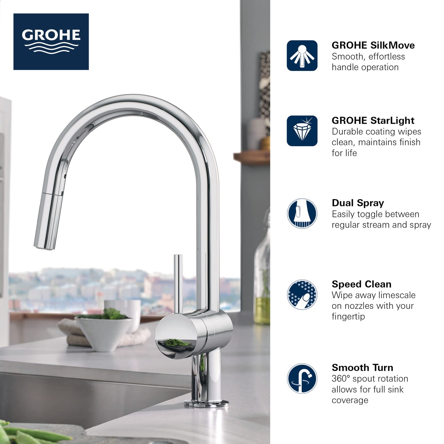 GROHE 31378003 Minta Pull-Out Kitchen Faucet with Sprayer Chrome