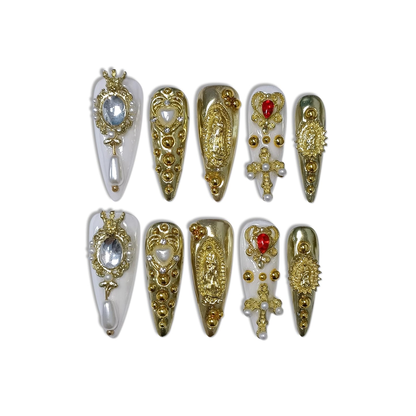 TENPAL 10Pcs Handmade Royal Press On Nails With Tools,Metallic Gold Long Stiletto Fake Nails with Pearl & Celestial Charms Designs,Sculpted 3D Baroque Acrylic Glue on Nails for Wedding Gothic Ball(M)
