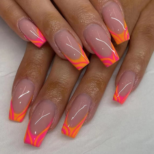 MISUD Press on Nails - Long Coffin Glue on Nails with French Tip, Acrylic Summer Orange Design 24 pcs