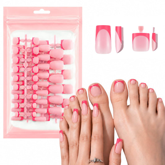 SIUSIO 60Pcs Magenta French Tip Press on Nails Toenails Set, Medium Square Pink French Fake Nail Short False Acrylic Toe Nail Press ons Full Cover Salon Nail Art French Manicure Kit for Women