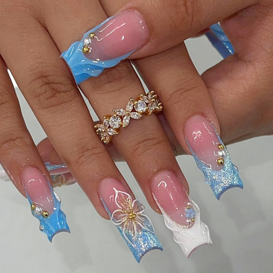Long Press on Nails Square Fake Nails Blue Artificial Nail Ocean Wave French Tip Pearl Gold Bead Floral Glossy Stick on Nail Mermaid Summer Salon Look for Women 24pcs