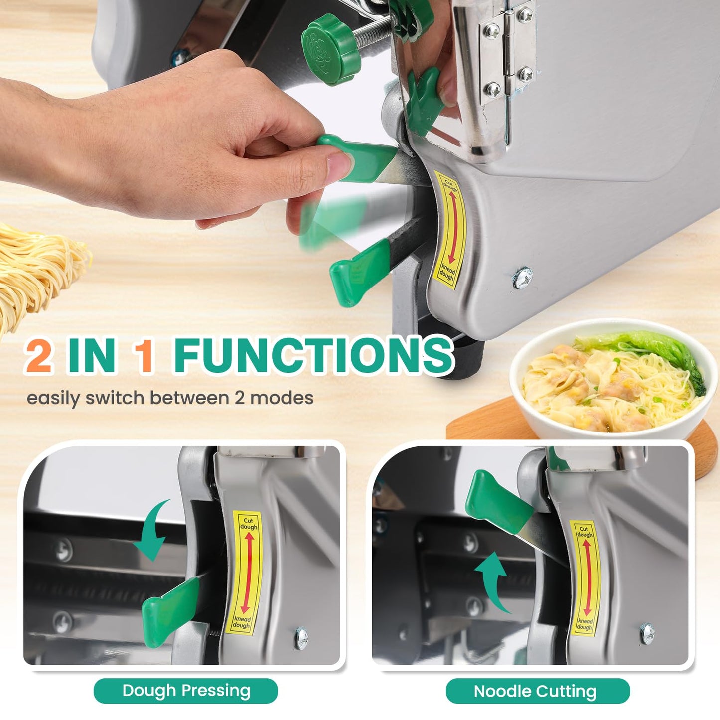 Newhai Commercial Electric Pasta Maker 2-in-1 Automatic Noodle Machine Thickness Adjustable 2mm 6mm Noodle Heavy Duty Dough Roller Pressing Machine, 750W