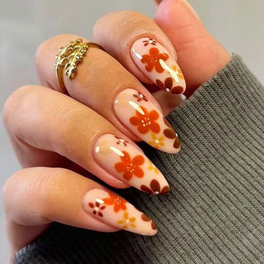 IMSOHOT Fall Press on Nails Almond, Medium Glossy Acrylic Fake Nails, Reusable Nail Kit with Nail Glue, Full Cover Orange Brown False Nails with Flower Designs, 24Pcs