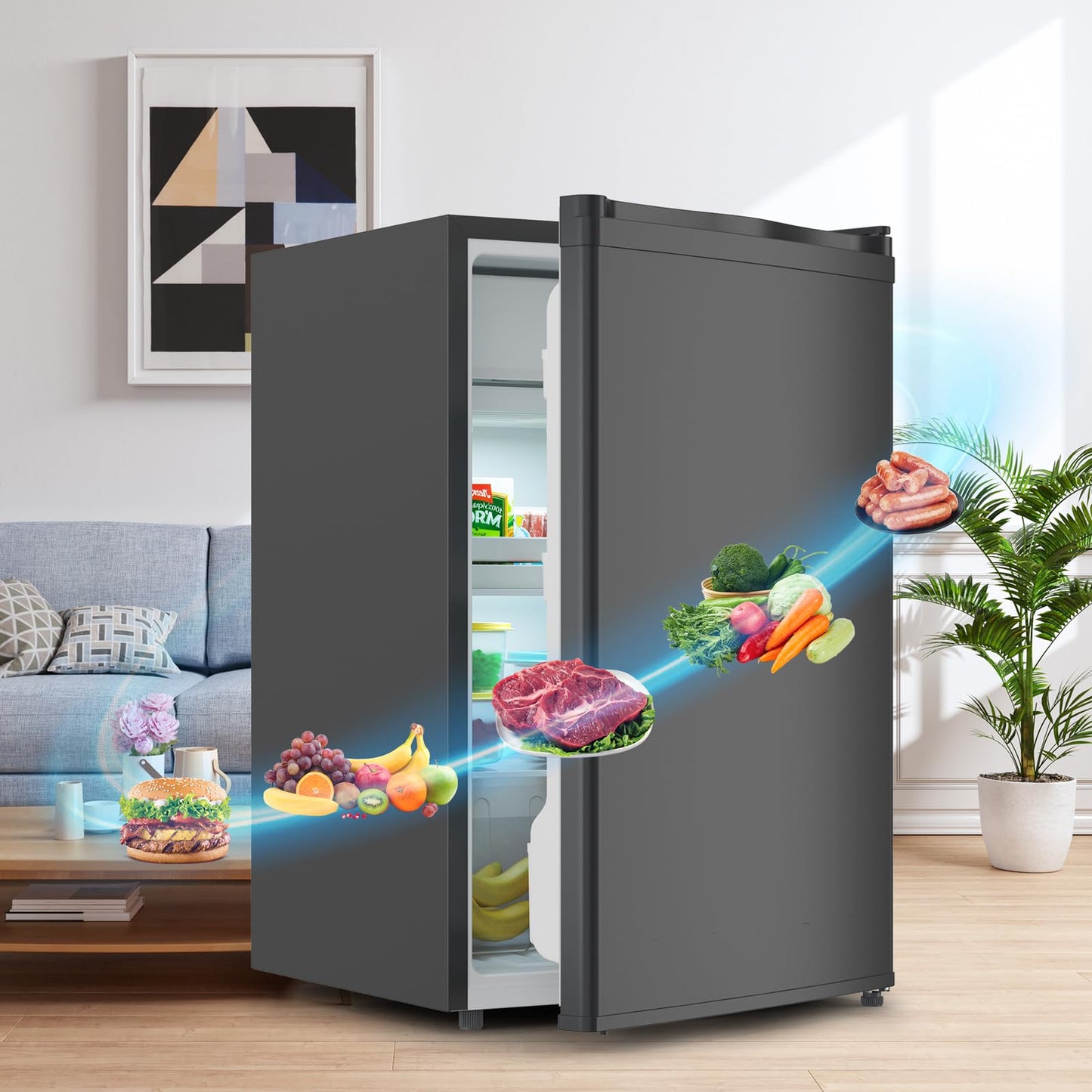 GAOMON 4.3 Cu.Ft Mini Fridge with Freezer, Single Door Mini Fridge, 7 Settings Temperature Adjustable, Mini Refrigerator for Apartment Bedroom, Office, Dorm, Black