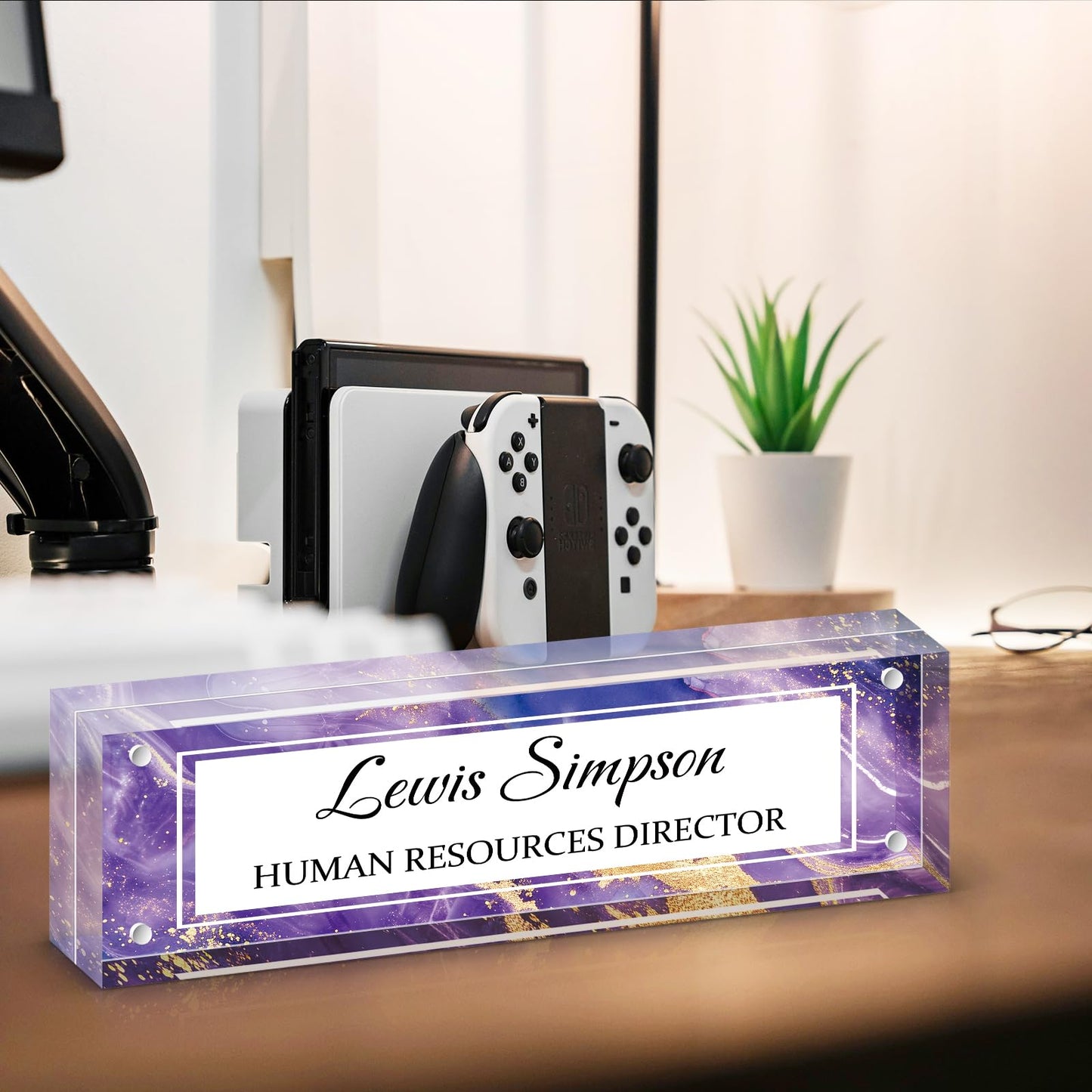 HETOOSHI Desk Name Plate Personalized, Desk Double sided pattern Name Plate Personalized Office Desk Decor for Women and Men , Teacher Nurse Boss Employee Appreciation Gifts (Purple marble, fixed pattern)