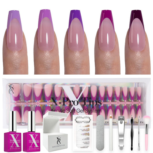 SXC Cosmetics French Tip Press On Nails – Purple Series, Extra Short Square, X-Pro Tips Starter Kit | 150PCS, 15 Sizes, 5 Styles, Beginner-Friendly