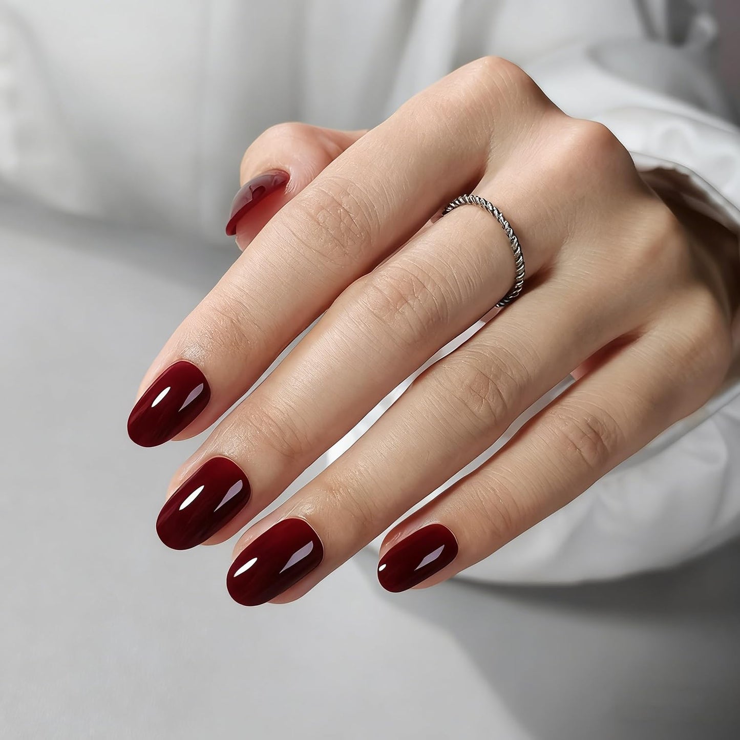 Wine Red Press on Nails Luxury Muti-Layer Gel Solid Color Fake Nails Thickened Acrylic Nail Designs Short Almond Stick on Nails Full Cover Pure Color False Nail for Women DIY Manicure Art 32 Pcs