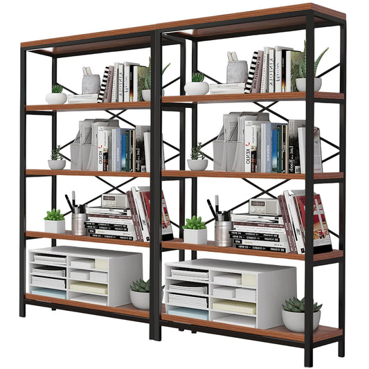 Himimi Industrial Bookshelf 5-Tier Set of 2, Bookcase 58" H Ladder Shelf, Storage Shelves Rack Shelf Unit, Accent Furniture Metal Frame, Home Office Furniture, Vintage Brown（2PCS）