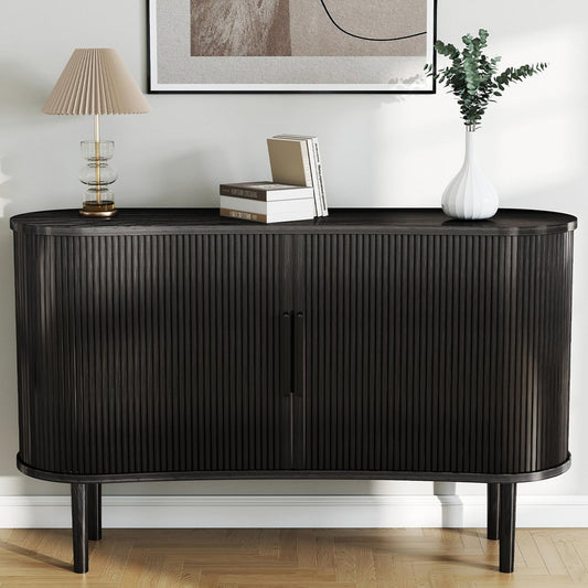AraSyleon Mid-Century Modern Buffet Cabinet with Fluted Tambour Sliding Doors, 55'' Sideboard with 4 cabinets, Ample Storage for Dining Room & Living Room, Walnut Finish, Black