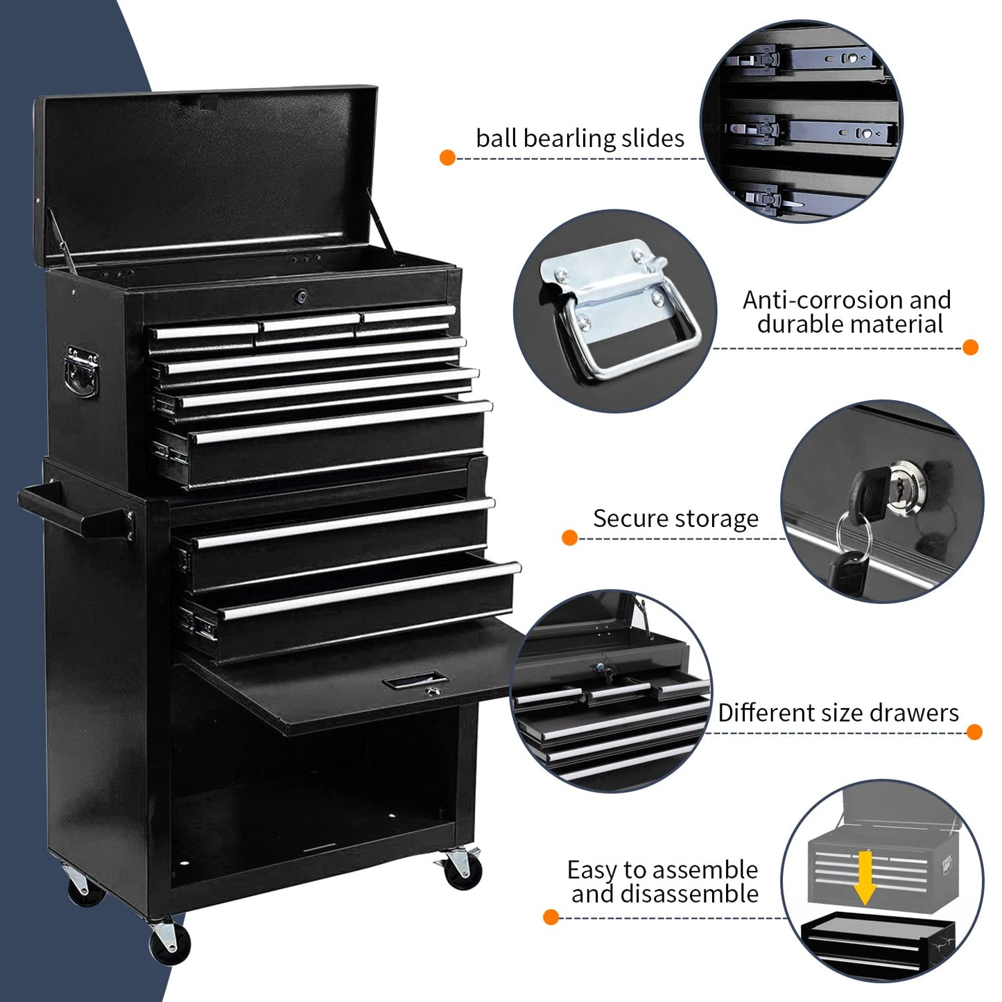 DUSACOM 8-Drawer High Capacity Rolling Tool Chest with Wheels, Big Tool Storage Removable Tool Box Combo, Tool Storage Cabinet