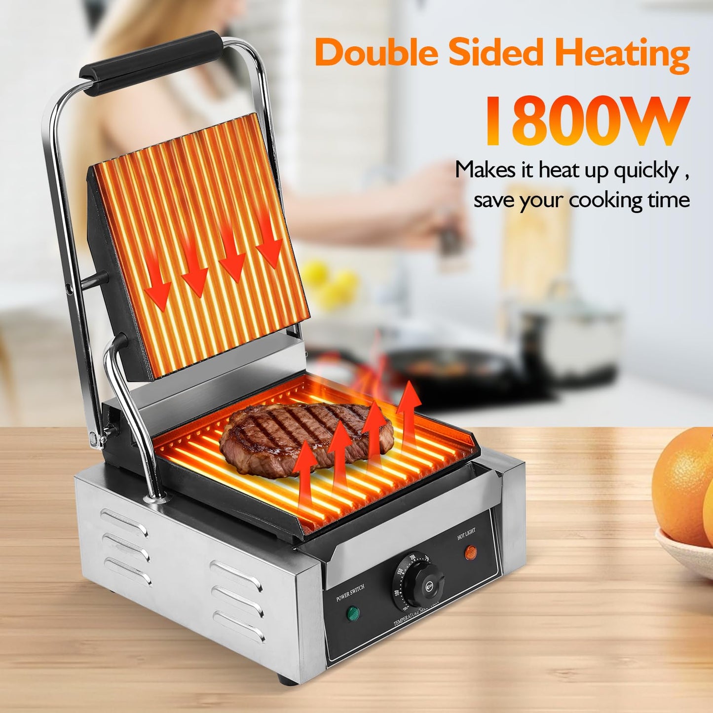 1800W Indoor Electric Grill & Double-Sided Griddle, 50-300°C Adjustable Temperature, 9.1x9.4" Non-Stick Surface for Grilling Steak, BBQ, Sandwiches & Panini, Commercial & Home Kitchen Use