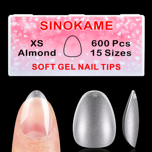 Extra Short Almond Nail Tips, SINOKAME No File Gel Nail Tips with Tip Primer Cover, Almond Clear Gel Press on Fake Nails Short for Nail Extensions,600Pcs 15 Sizes