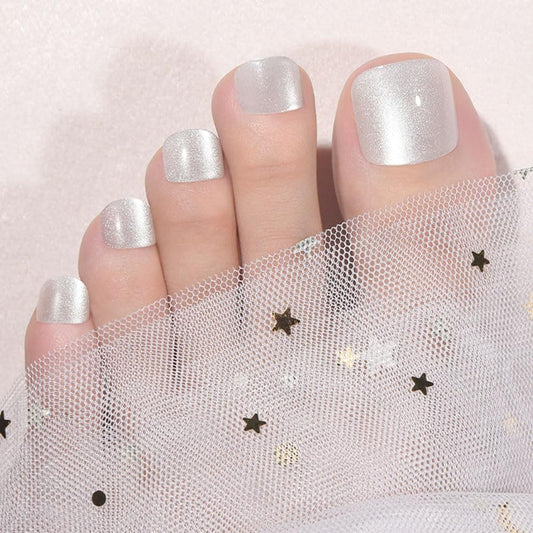 evpct Pearl White Cateye Press on Toenails for Women, Glossy Glitter Fake Toe Nails Women Girls Gift, Soft Gel Press Stick On Toenail with Kit Perfectly Fit Full Cover Reusable Cateye Fake Toenails